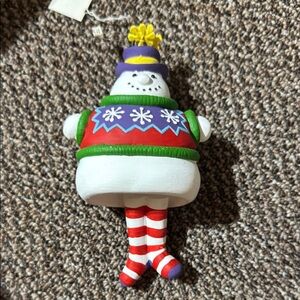 Festive Snowman Ornament with Red Striped Legs